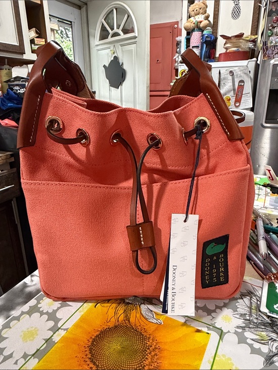Dooney & Bourke Handbags - Dooney & Bourke Coral Canvas Drawstring Hobo with Brown Leather Trim